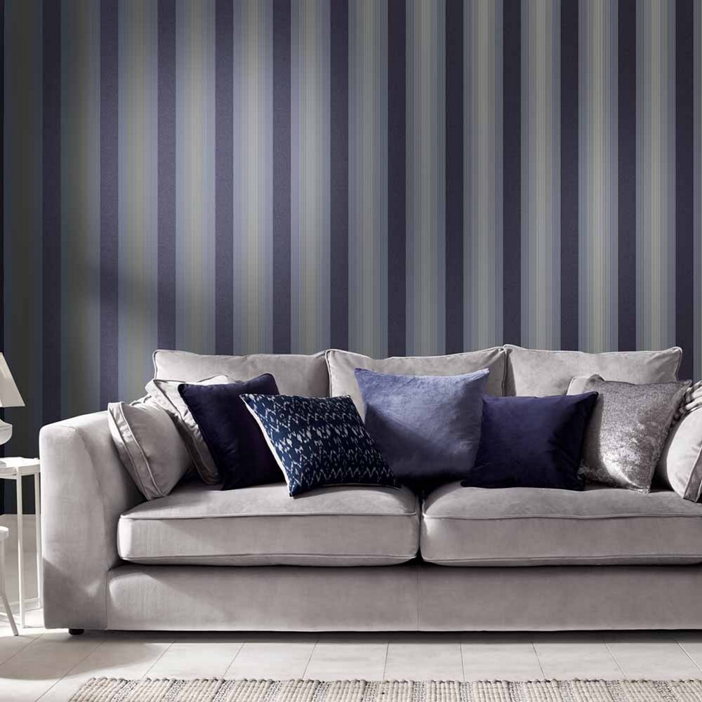 Lagom Stripe Wallpaper 106767 by Graham & Brown in Navy Gold